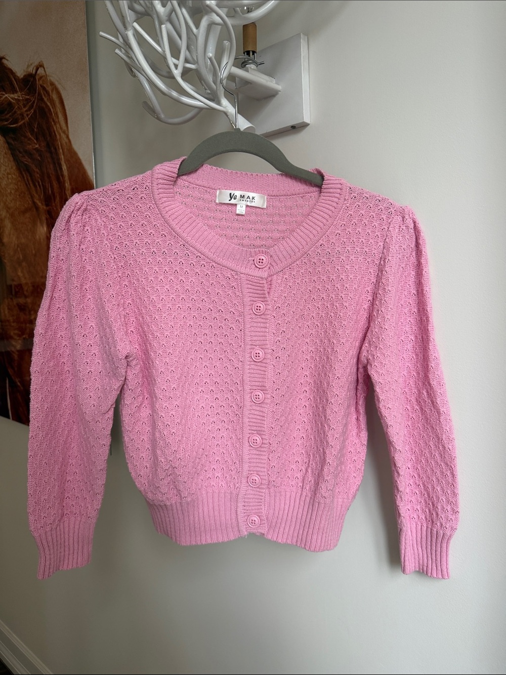 Women's Pink Button-Up Open-Knit Cardigan Sweater never worn